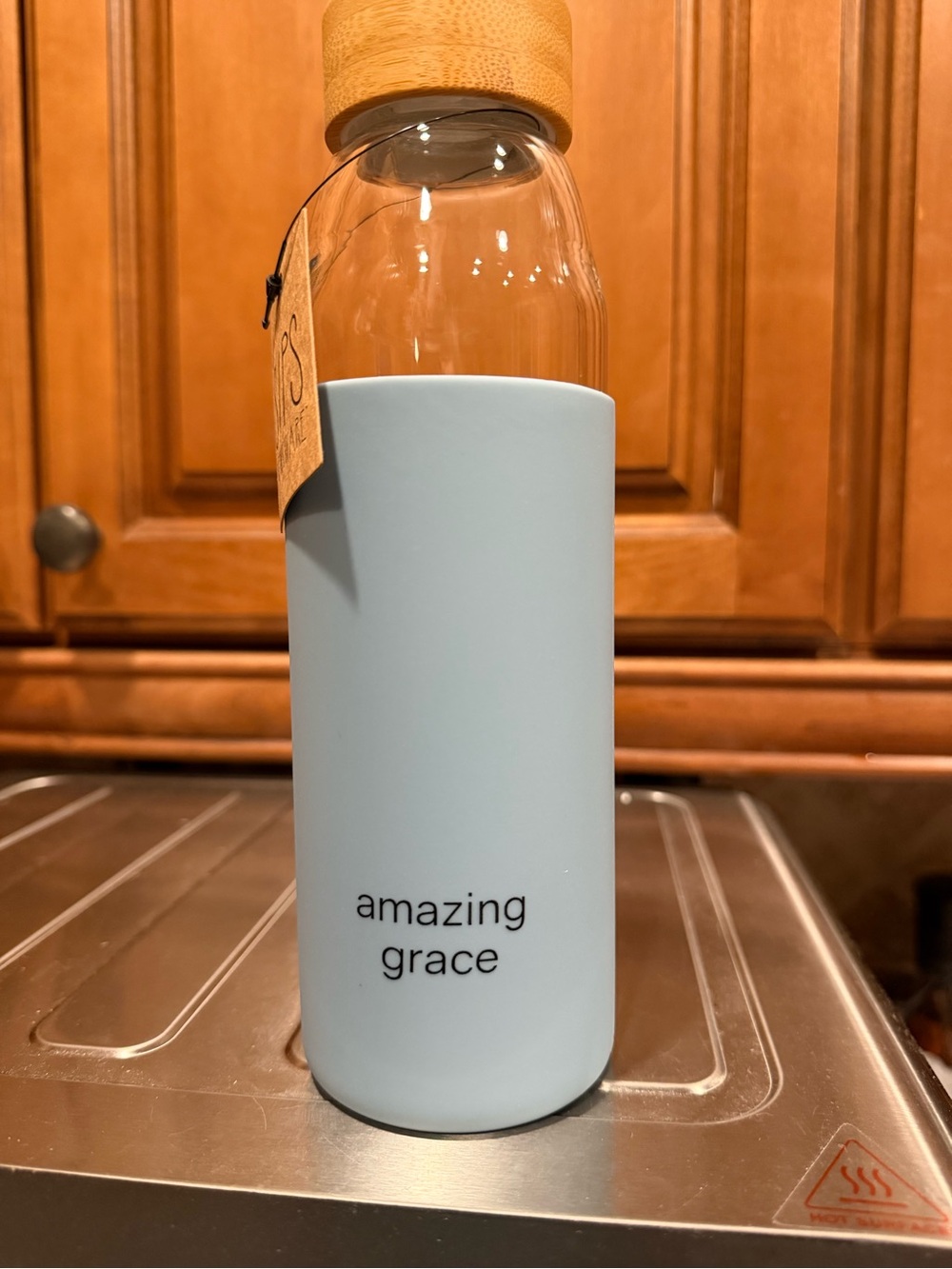 Amazing Grace Light Blue Glass Water Bottle with Bamboo Lid